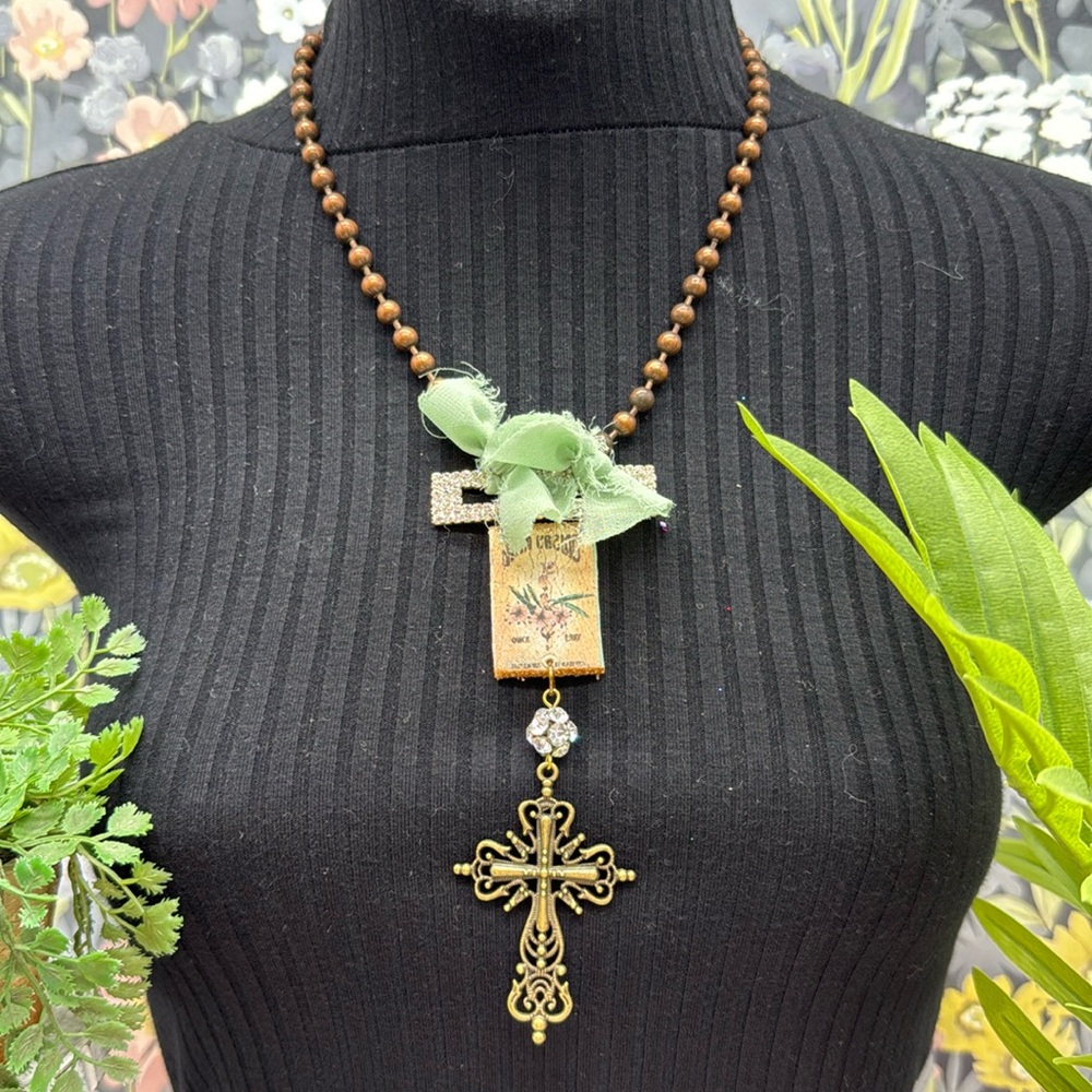 🌟Adorned Crown Jewelry assemblage rhinestone leather ribbon cross necklace